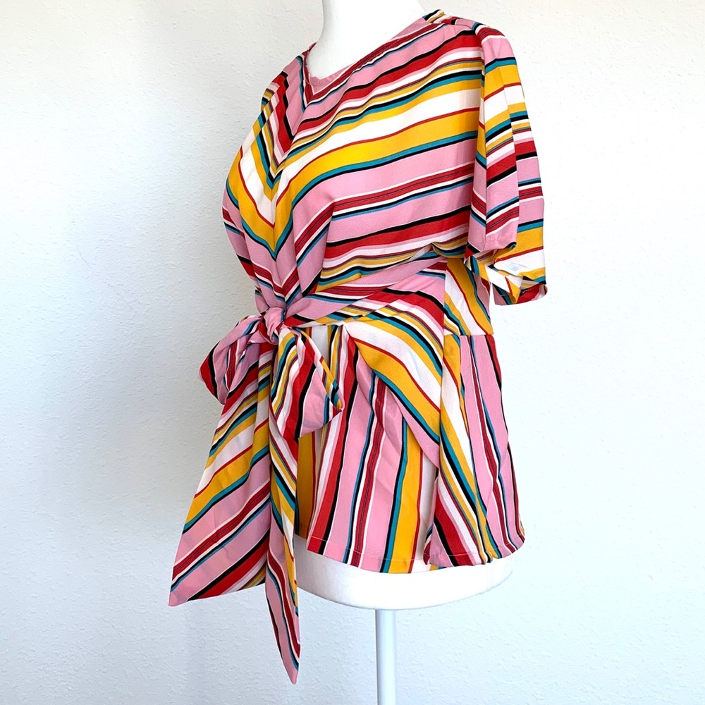 NWOT Bright Striped Pink and Yellow Blouse - Picture 2 of 7